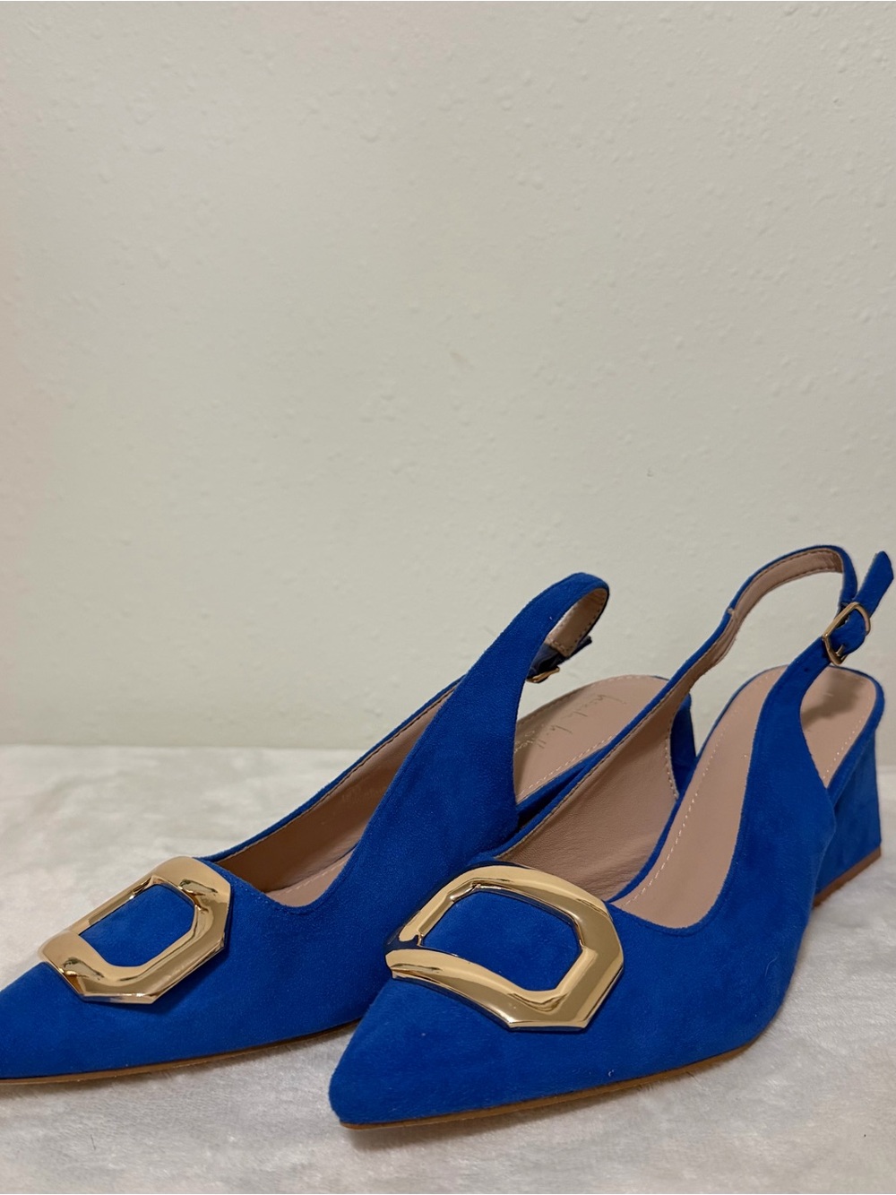 Nicole Miller Cobalt Blue Suede Pointed Slingback Flats with Gold Buckle